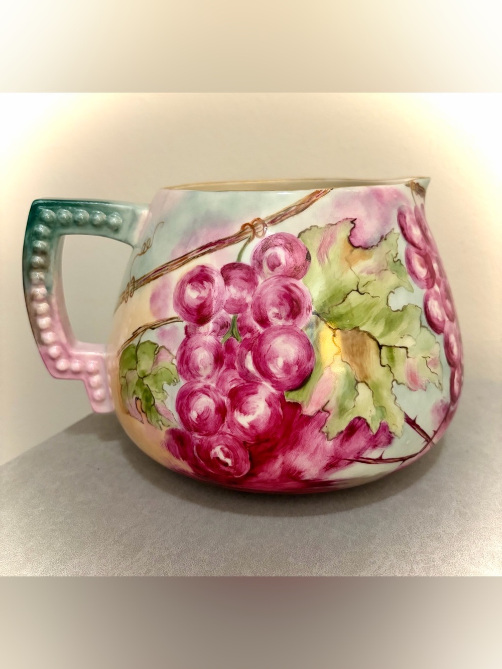 CAC Lenox Belleek Hand Painted Cider Pitcher Grapes & Floral Motif  c.1899-1930